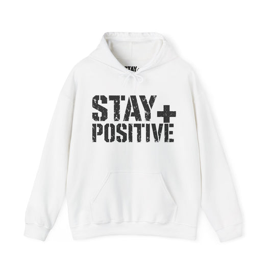 White Stay Positive Logo hoodie, front with black STAY+ POSITIVE logo