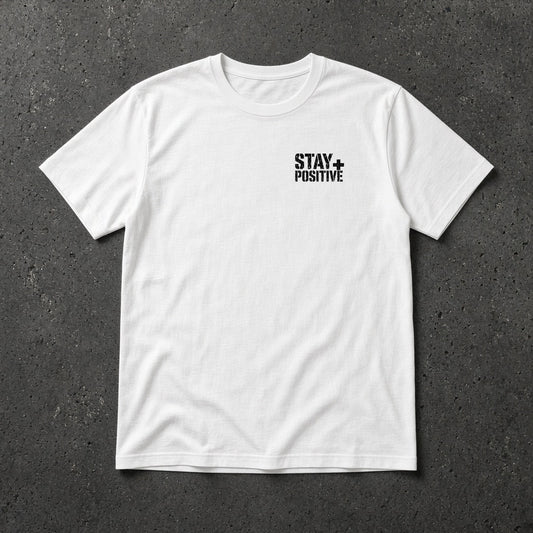 White t-shirt with small black Stay Positive left-chest logo – Stay Positive by The Hillbillies, front view