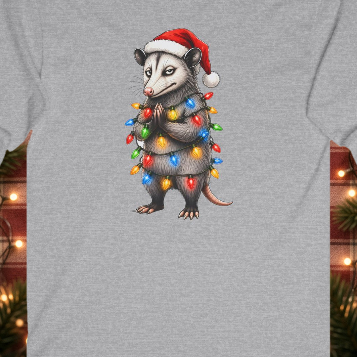 Carl Christmas Lights Christmas Long Sleeve Tee – Sport Grey – front print close-up