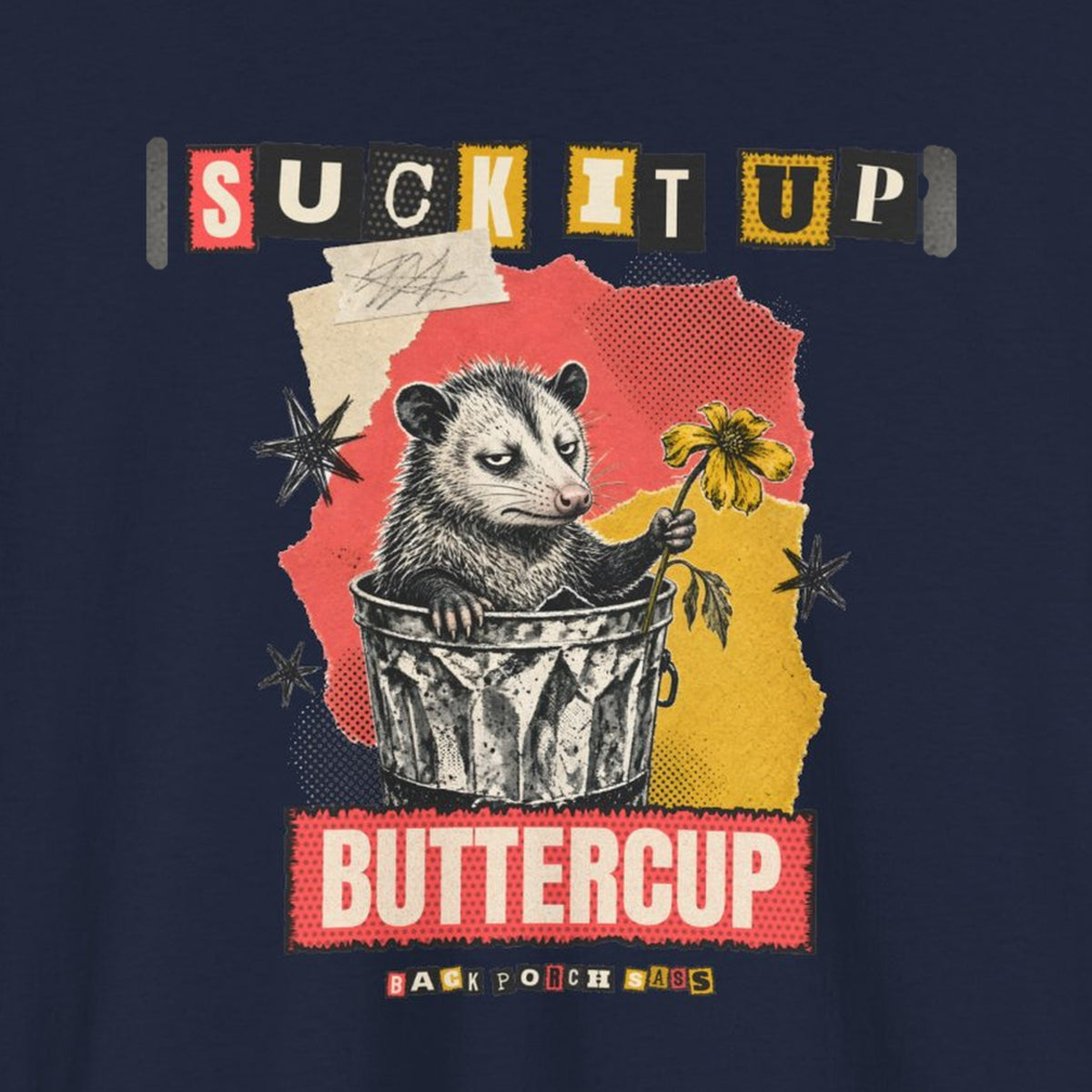 Suck It Up Buttercup Zine Possum Tee – Navy – front print close-up