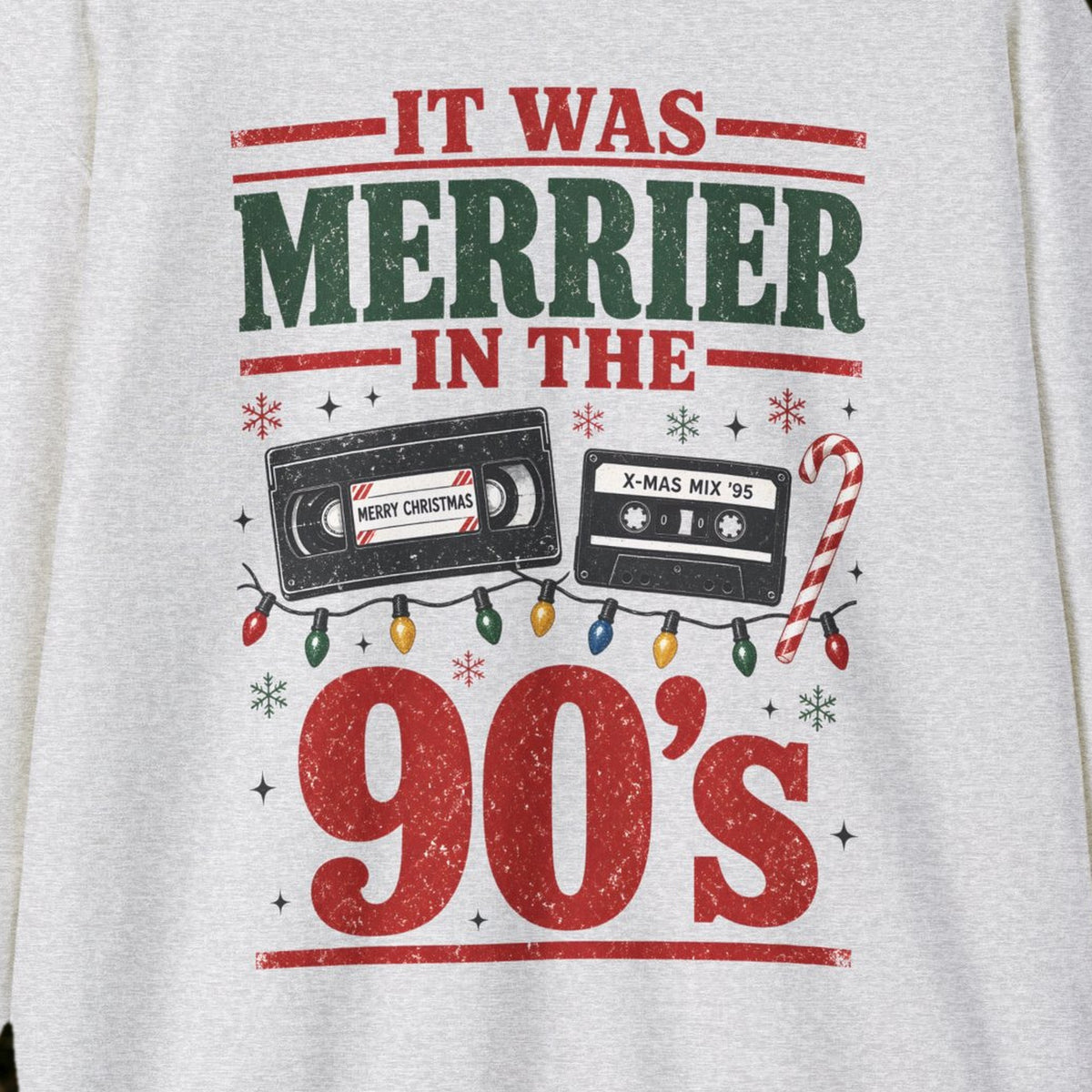 It Was Merrier in the 90's Christmas Sweatshirt – Ash – front print close-up