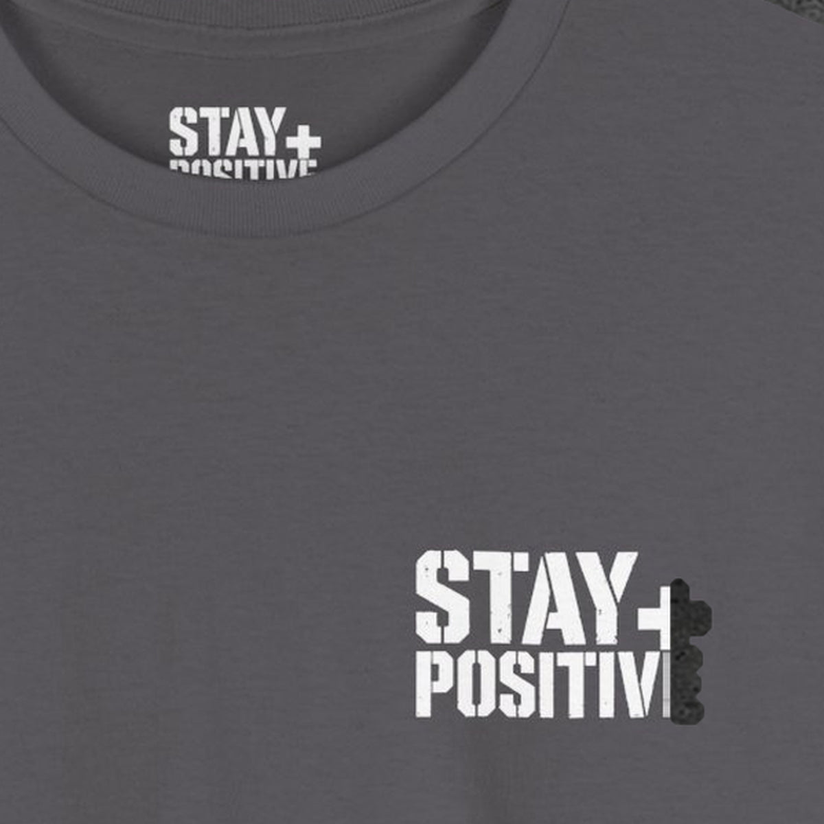 No Struggle No Strength Tee – Stay Positive – Charcoal – front print close-up