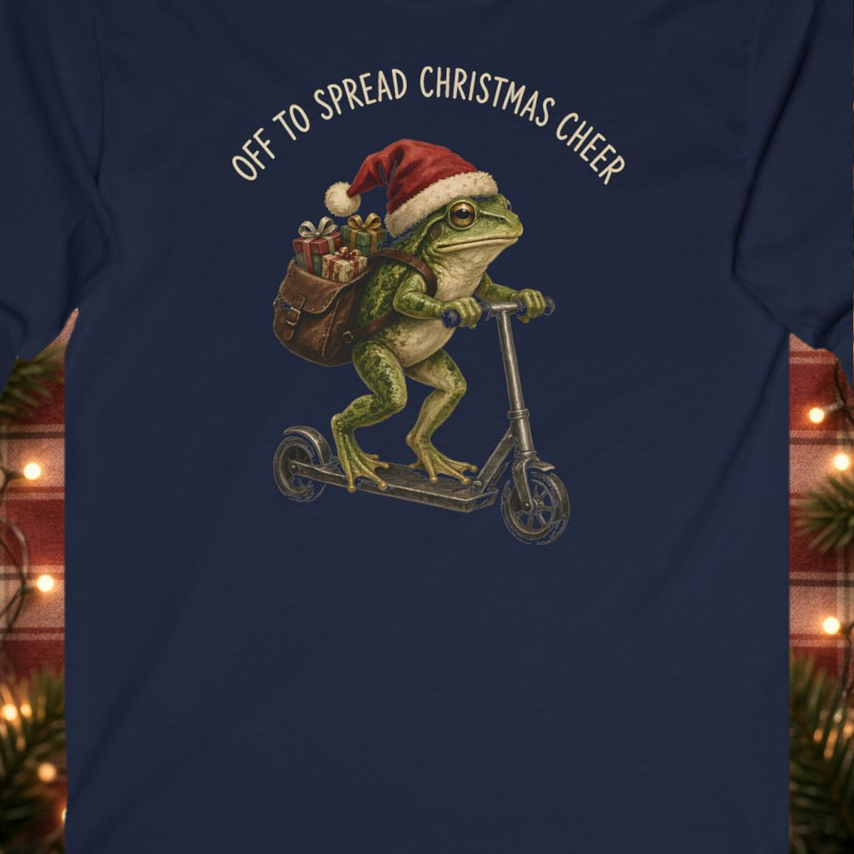 Off to Spread Christmas Cheer Christmas Long Sleeve Tee – Navy – front print close-up