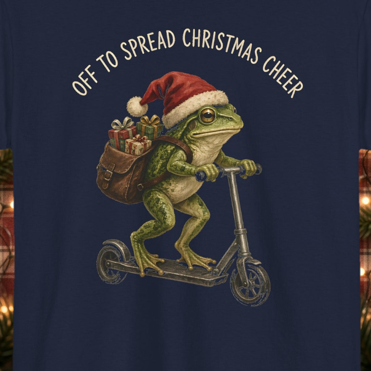 Off to Spread Christmas Cheer Christmas Tee – Navy – front print close-up