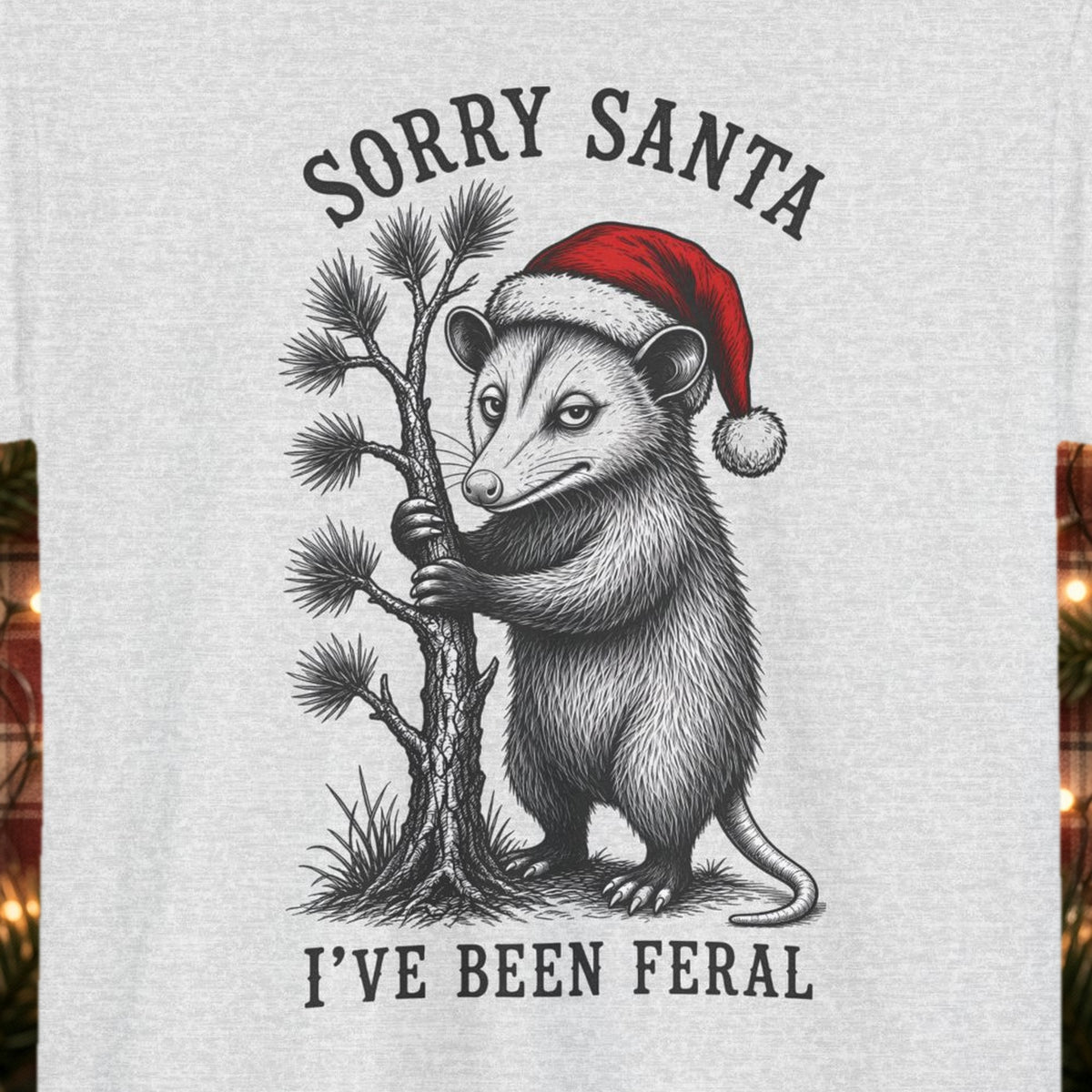 Sorry Santa, I've Been Feral Christmas Tee – Ash – front print close-up
