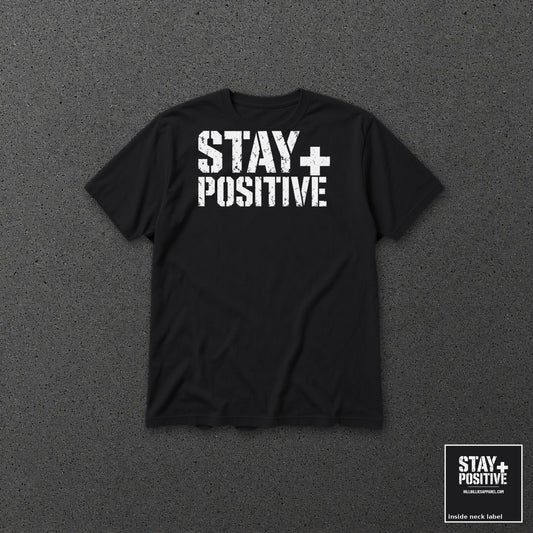 Stay Positive Logo tee – Black – front and back with neck label