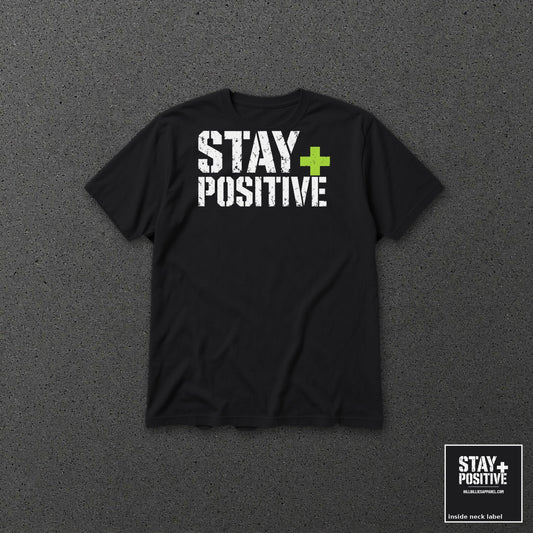 Stay Positive Logo tee Lime Plus – Black – front and back with neck label