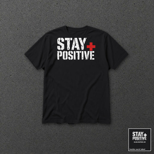 Stay Positive Logo tee Red Plus – Black – front and back with neck label
