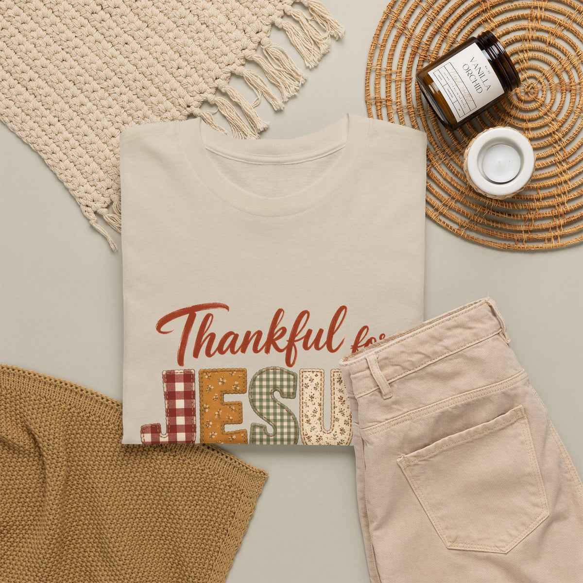 Thankful for Jesus Patchwork Quilt Thanksgiving Tee