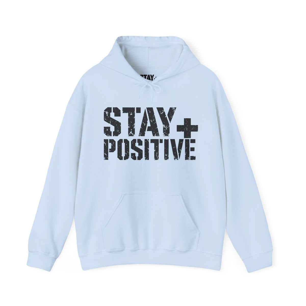 Light Blue Stay Positive Logo hoodie, front with black STAY+ POSITIVE logo