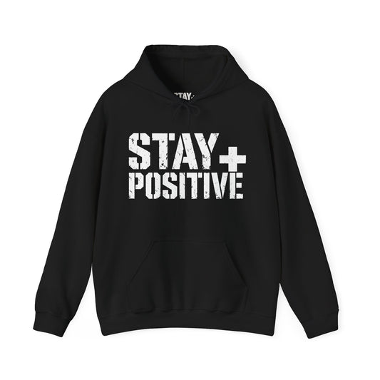 Black Stay Positive Logo hoodie, front with white STAY+ POSITIVE logo