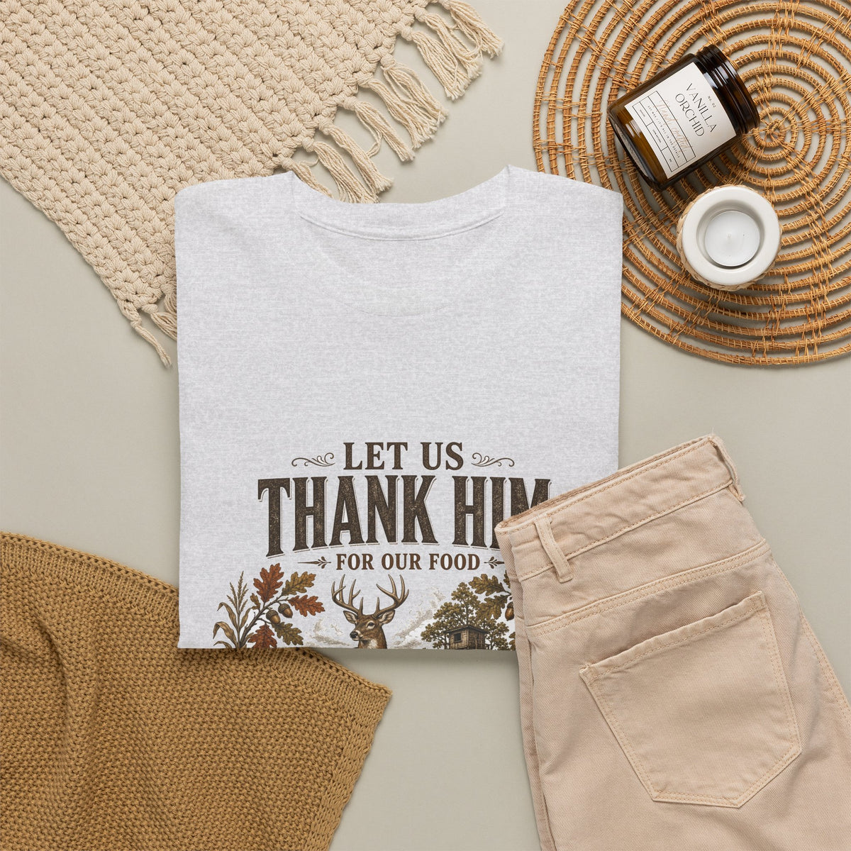 Let Us Thank Him for Our Food Deer Stand Thanksgiving Tee