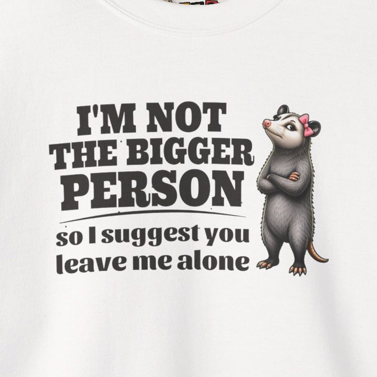 I'm Not The Bigger Person - Carla Sweatshirt – White – front print close-up