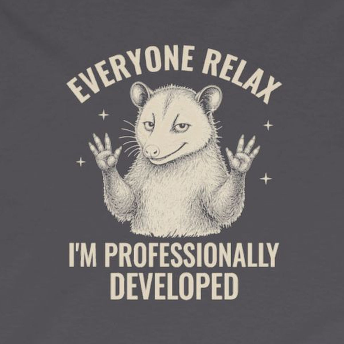 Everyone Relax I'm Professionally Developed - Carl Long Sleeve Tee – Charcoal – front print close-up