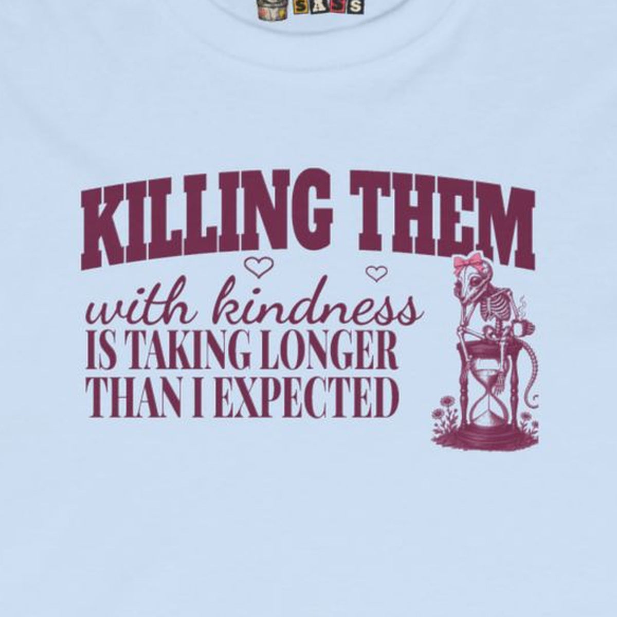 Killing Them With Kindness Is Taking Longer Than I Expected - Carla Long Sleeve Tee – Light Blue – front print close-up