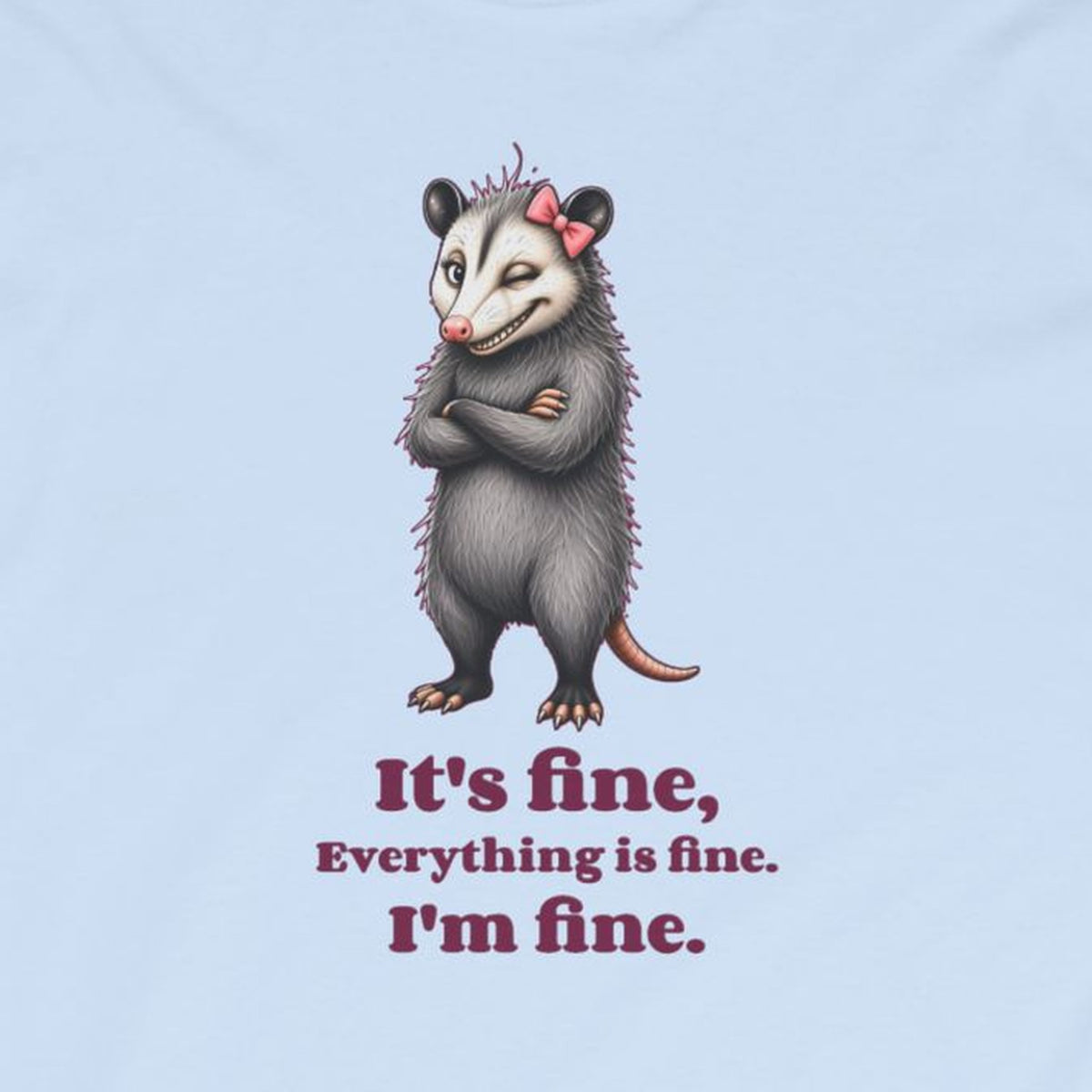 It's Fine, Everything Is Fine, I'm Fine - Carla Long Sleeve Tee – Light Blue – front print close-up
