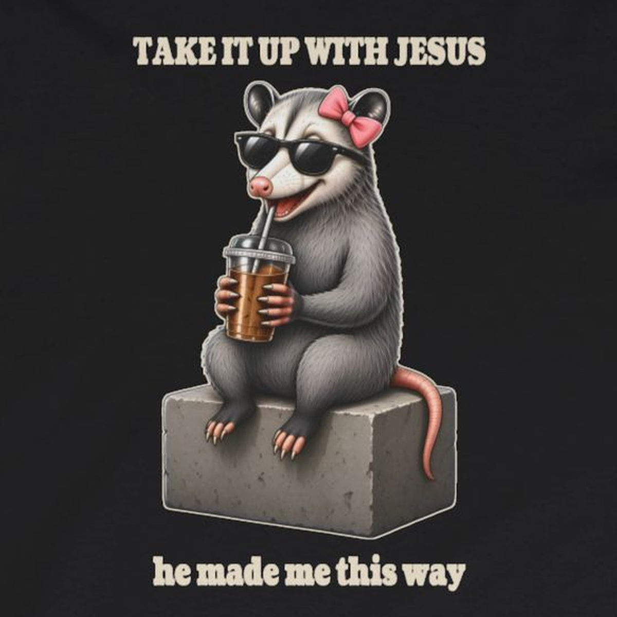 Take It Up With Jesus - Carla Long Sleeve Tee – Black – front print close-up