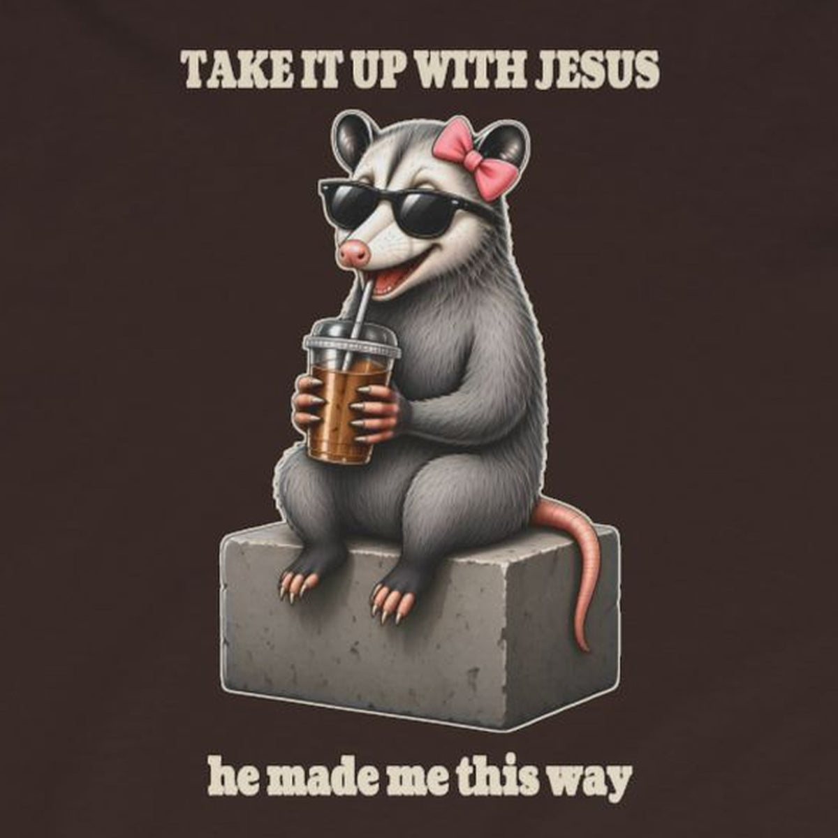 Take It Up With Jesus - Carla Long Sleeve Tee – Dark Chocolate – front print close-up