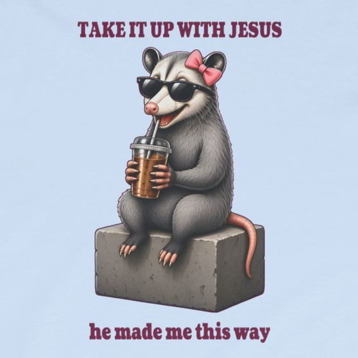 Take It Up With Jesus - Carla Long Sleeve Tee – Light Blue – front print close-up