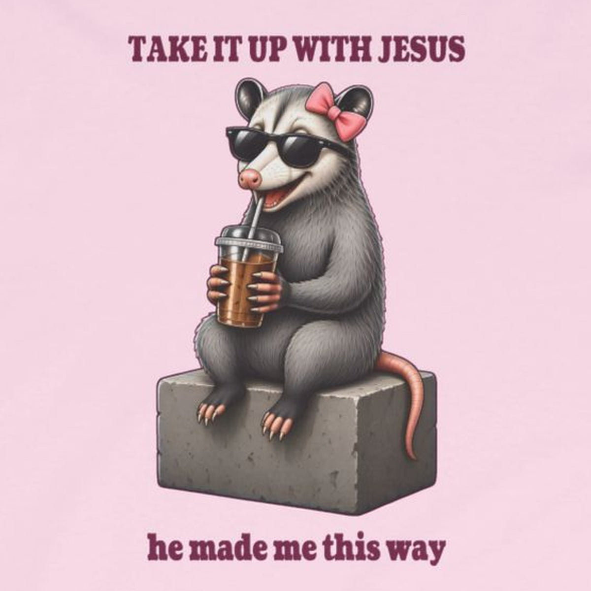 Take It Up With Jesus - Carla Long Sleeve Tee – Light Pink – front print close-up