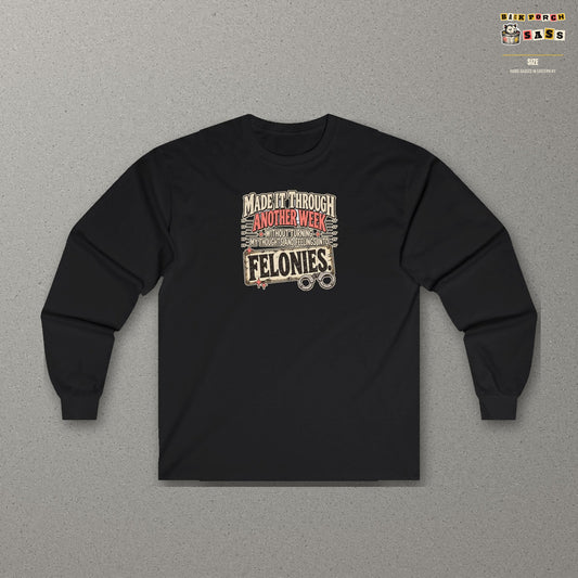 Made It Through Another Week Without Turning My Thoughts and Feelings Into Felonies Long Sleeve Tee – Black – front