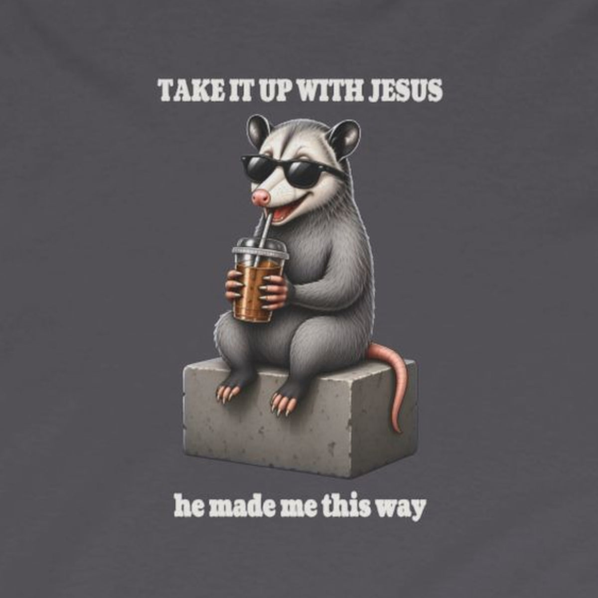 Take It Up With Jesus Long Sleeve Tee – Charcoal – front print close-up