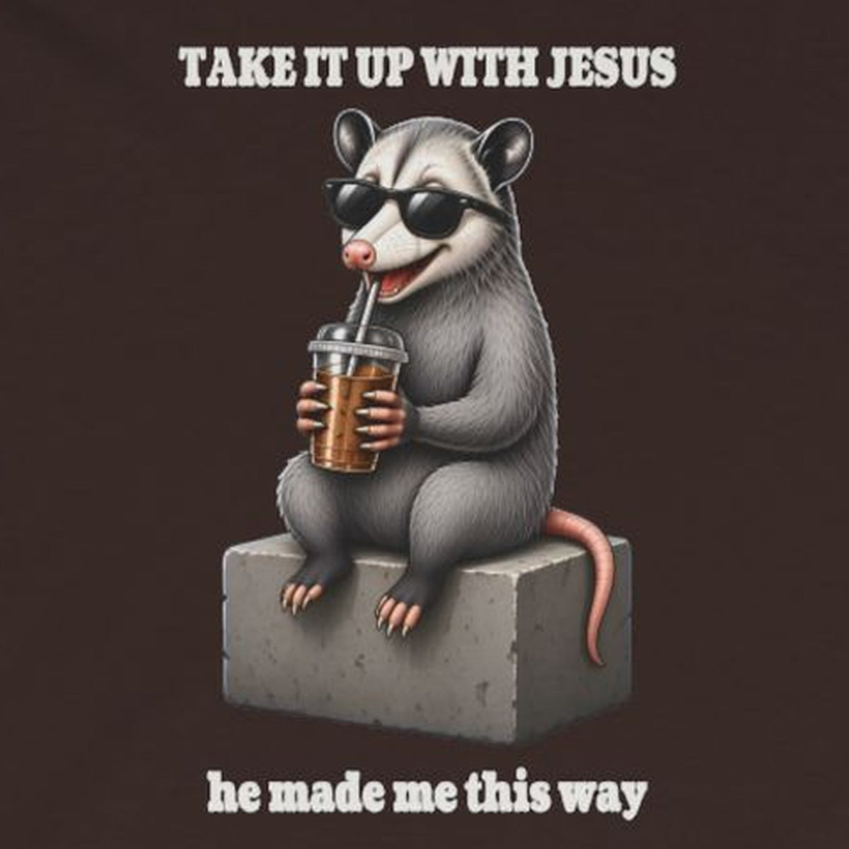 Take It Up With Jesus Long Sleeve Tee – Dark Chocolate – front print close-up
