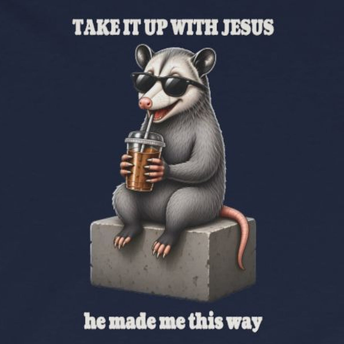 Take It Up With Jesus Long Sleeve Tee – Navy – front print close-up