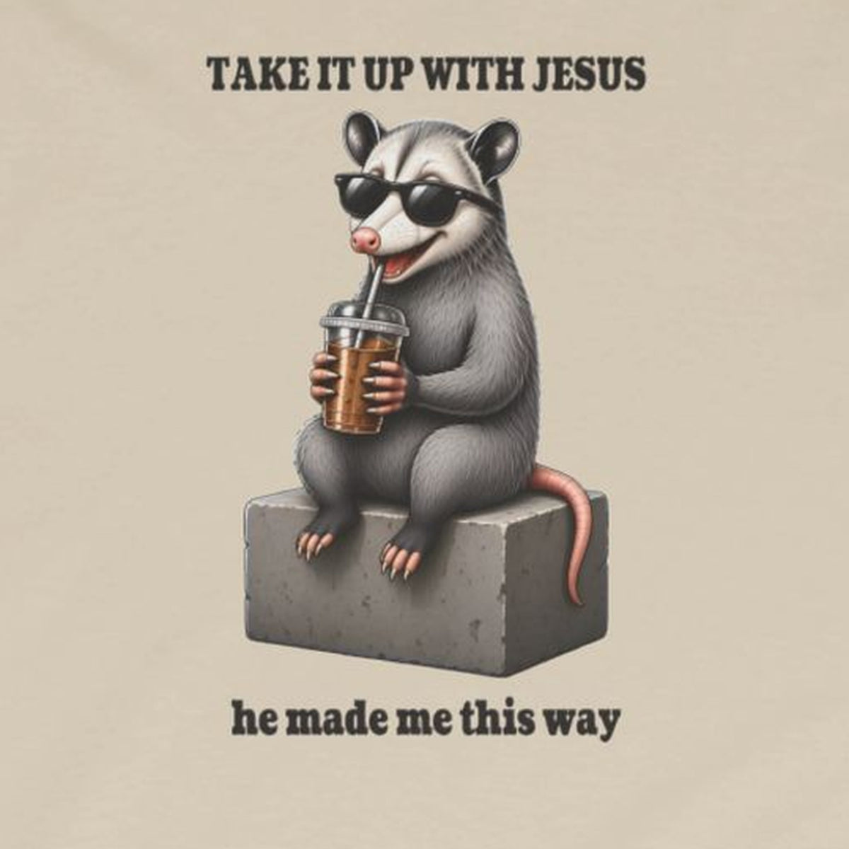 Take It Up With Jesus Long Sleeve Tee – Sand – front print close-up