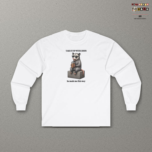 Take It Up With Jesus Long Sleeve Tee – White – front