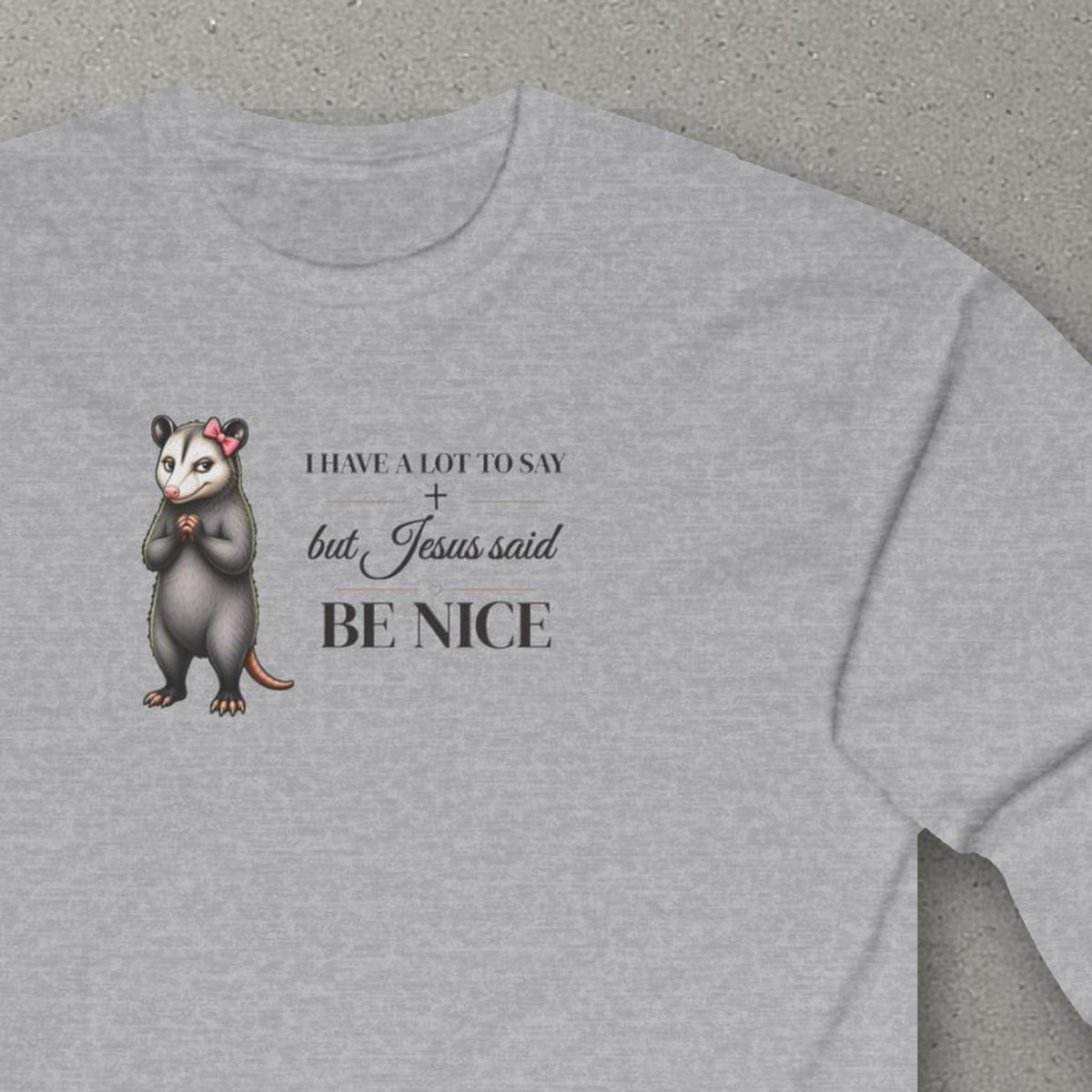 Be Nice Long Sleeve Tee – Sport Grey – front print close-up