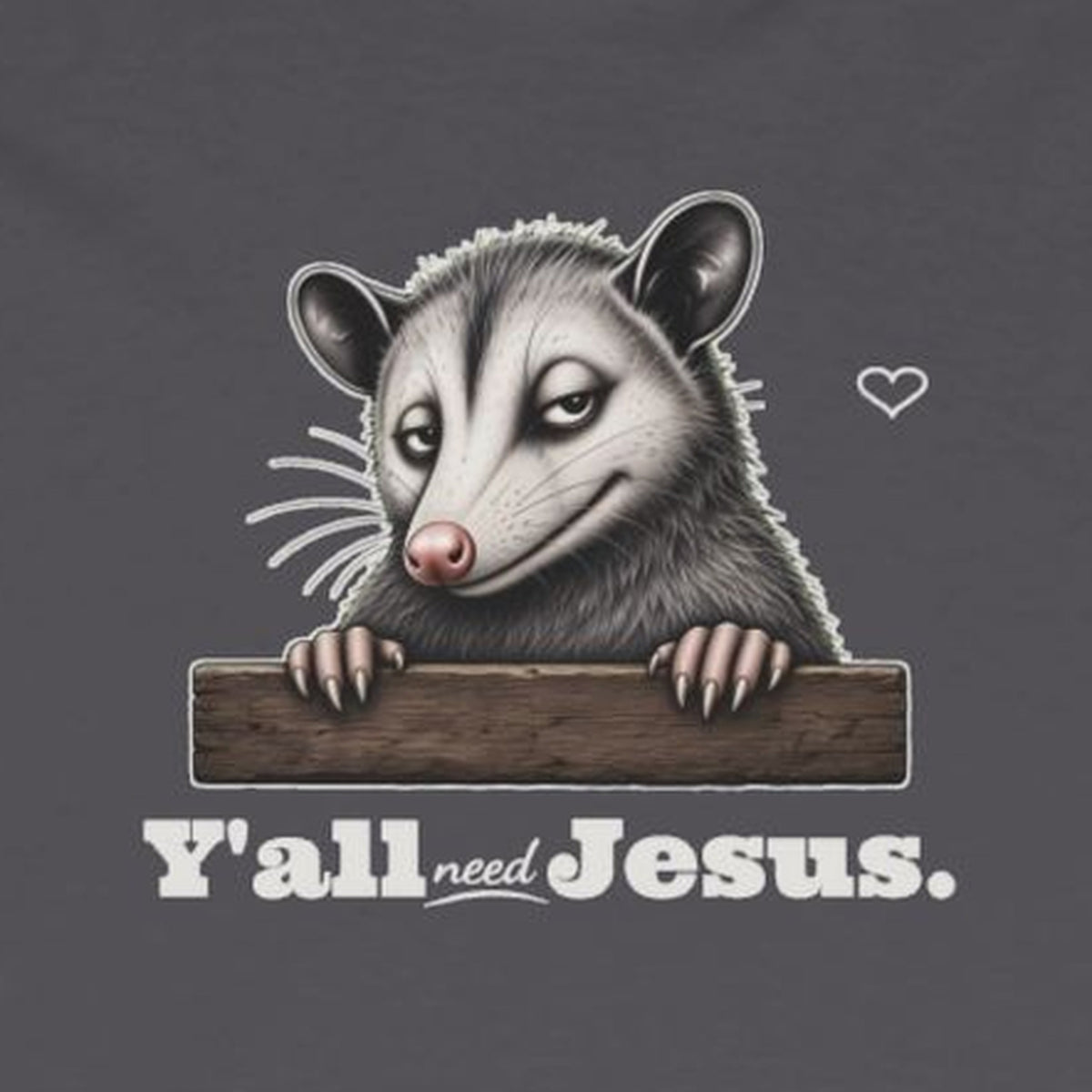 Y'all Need Jesus Side-Eye Possum Long Sleeve Tee – Charcoal – front print close-up