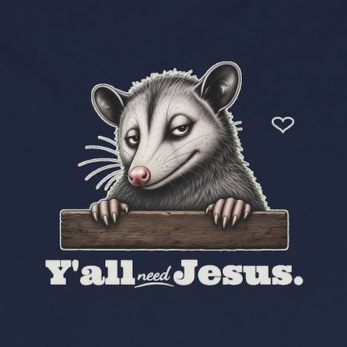 Y'all Need Jesus Side-Eye Possum Long Sleeve Tee – Navy – front print close-up