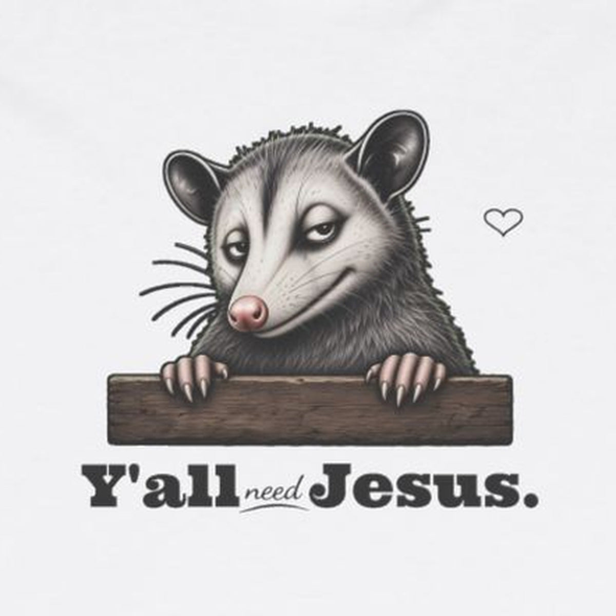 Y'all Need Jesus Side-Eye Possum Long Sleeve Tee – White – front print close-up