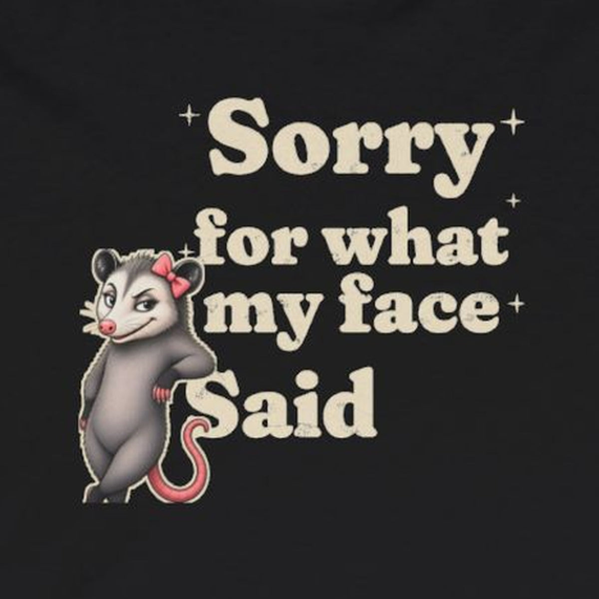 Sorry For What My Face Said Long Sleeve Tee – Black – front print close-up