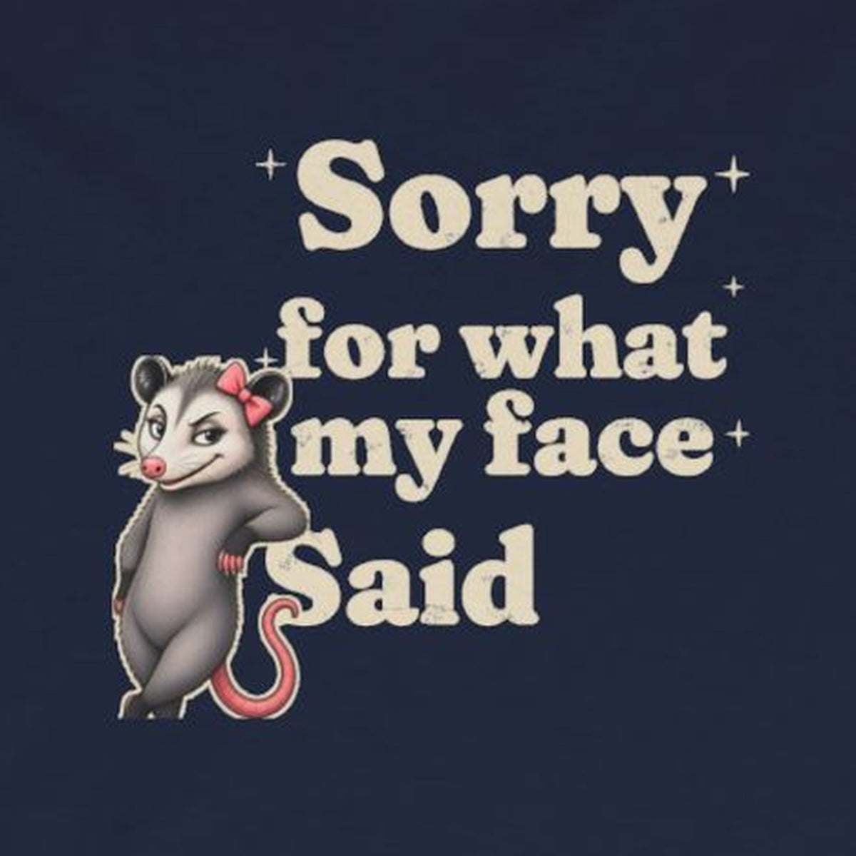 Sorry For What My Face Said Long Sleeve Tee – Navy – front print close-up
