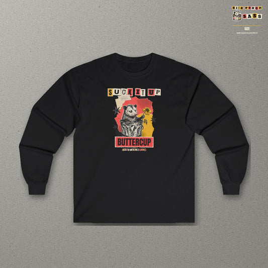 Suck It Up Buttercup Zine Possum Long Sleeve Tee – Black – front