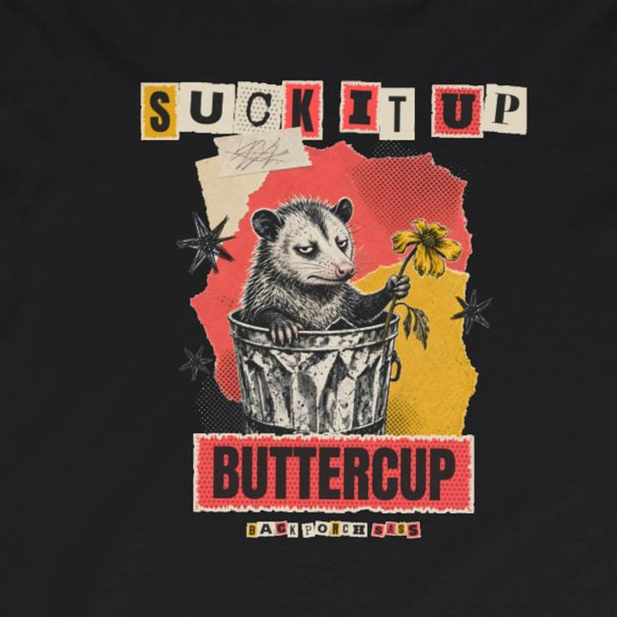 Suck It Up Buttercup Zine Possum Long Sleeve Tee – Black – front print close-up