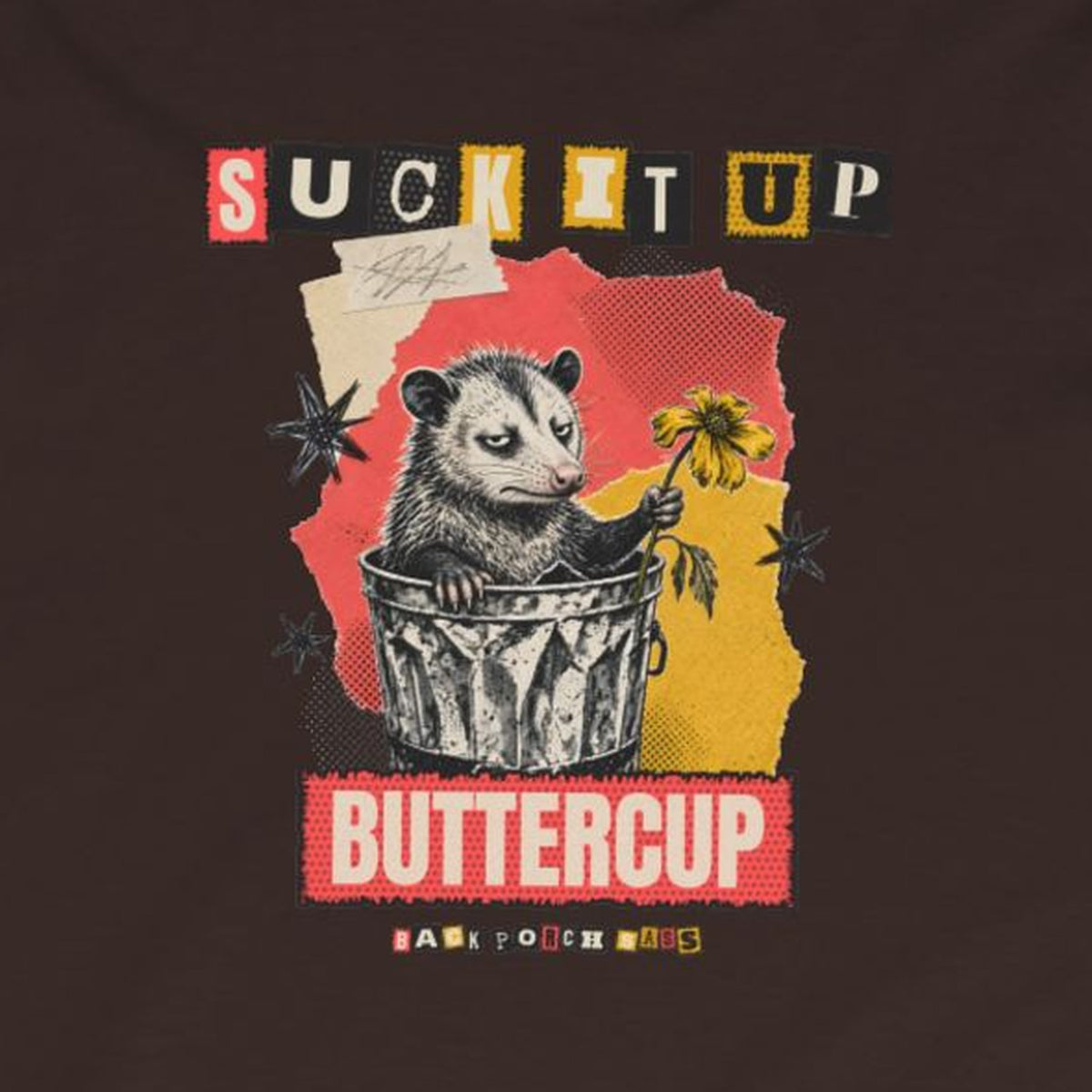 Suck It Up Buttercup Zine Possum Long Sleeve Tee – Dark Chocolate – front print close-up
