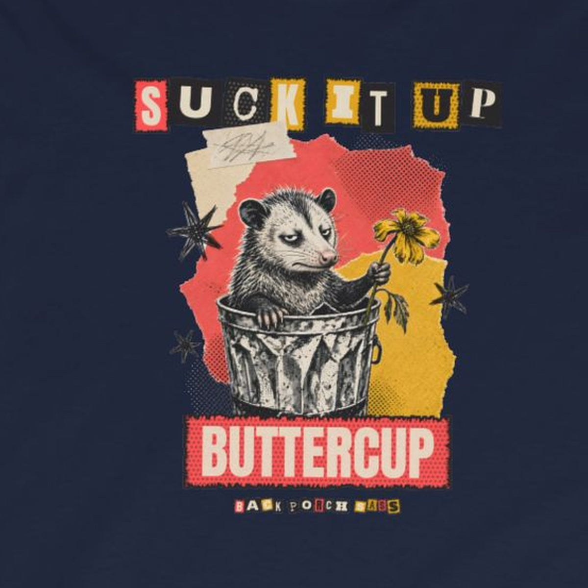 Suck It Up Buttercup Zine Possum Long Sleeve Tee – Navy – front print close-up