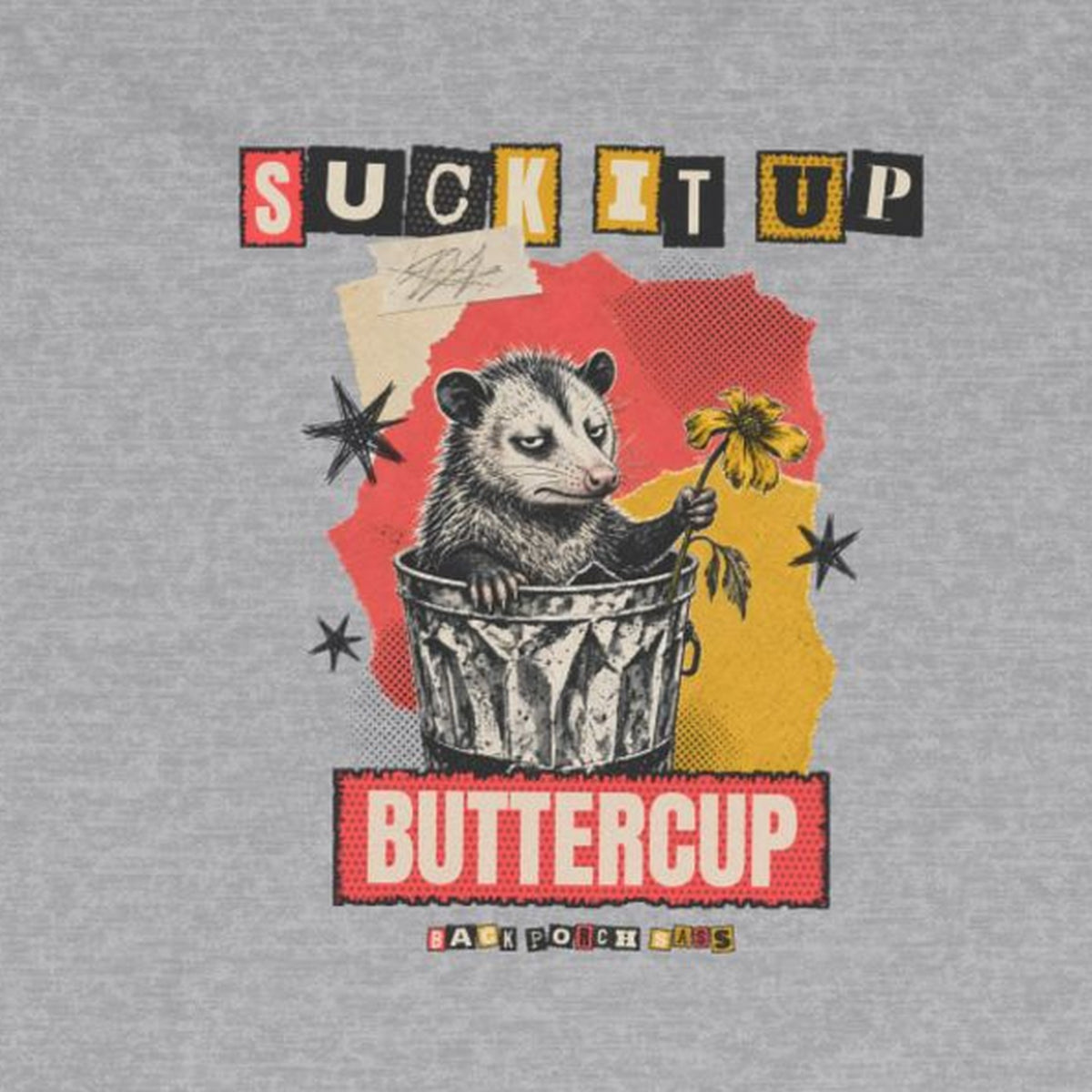 Suck It Up Buttercup Zine Possum Long Sleeve Tee – Sport Grey – front print close-up