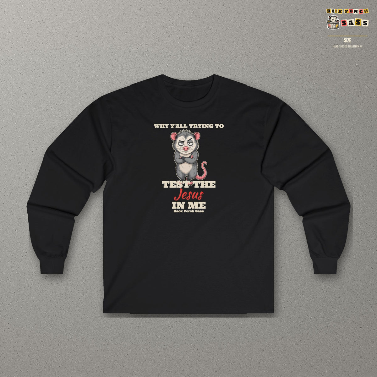 Why Y'all Trying to Test the Jesus in Me Possum Long Sleeve Tee – Back Porch Sass – Black – front