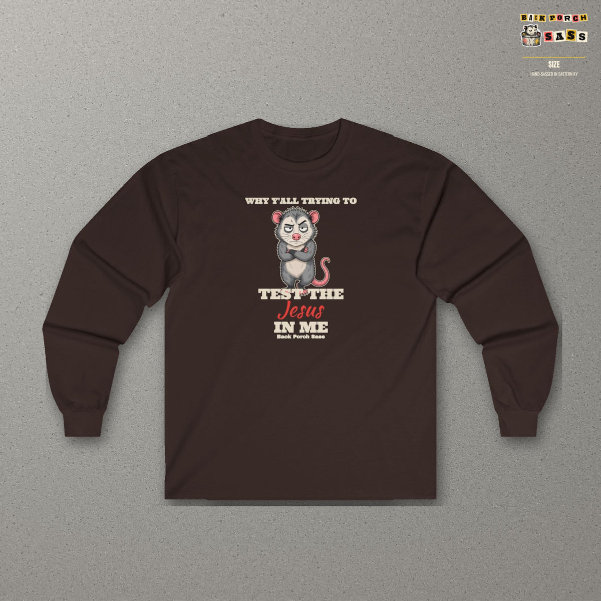 Why Y'all Trying to Test the Jesus in Me Possum Long Sleeve Tee – Back Porch Sass – Dark Chocolate – front