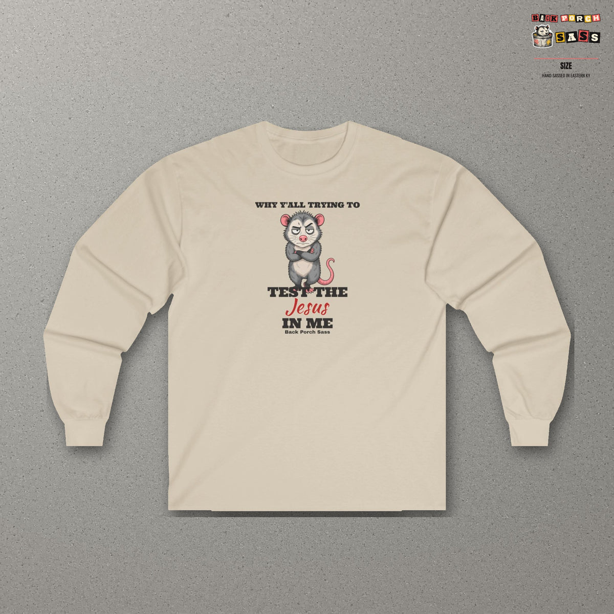 Why Y'all Trying to Test the Jesus in Me Possum Long Sleeve Tee – Back Porch Sass – Sand – front