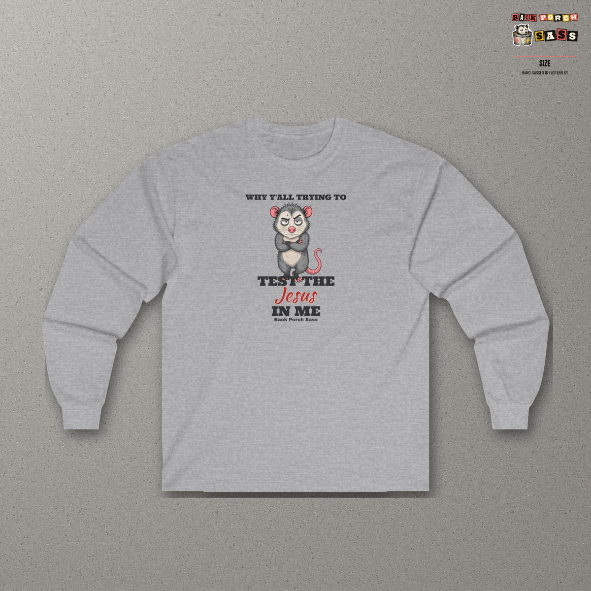 Why Y'all Trying to Test the Jesus in Me Possum Long Sleeve Tee – Back Porch Sass – Sport Grey – front