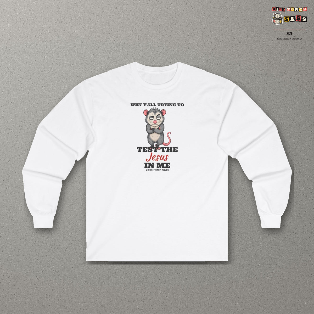 Why Y'all Trying to Test the Jesus in Me Possum Long Sleeve Tee – Back Porch Sass – White – front