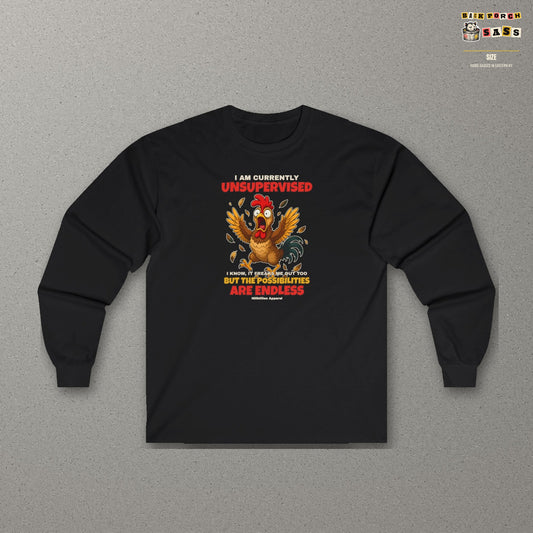 I Am Currently Unsupervised Rooster Long Sleeve Tee – Black – front