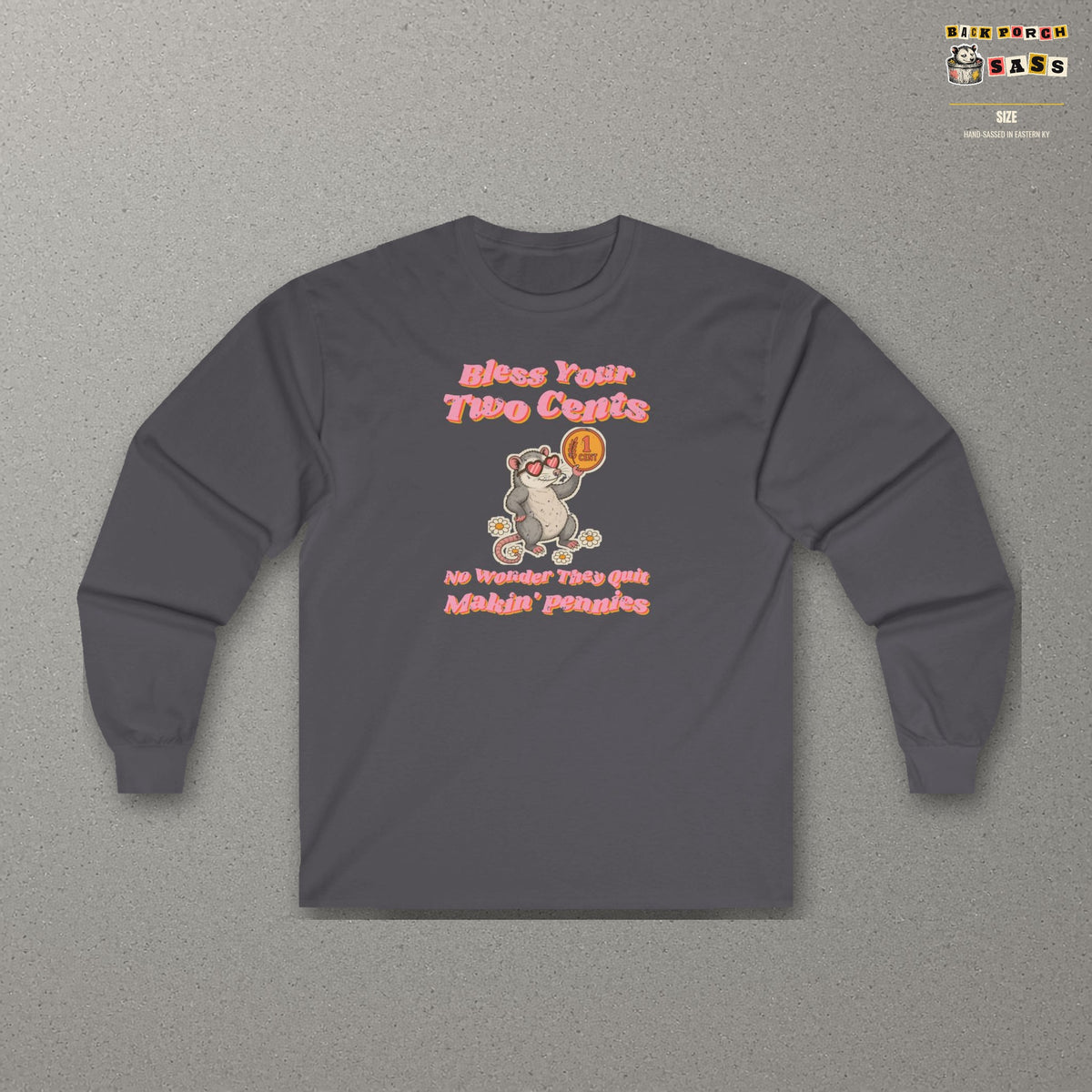 Bless Your Two Cents Possum Long Sleeve Tee – Back Porch Sass – Charcoal – front