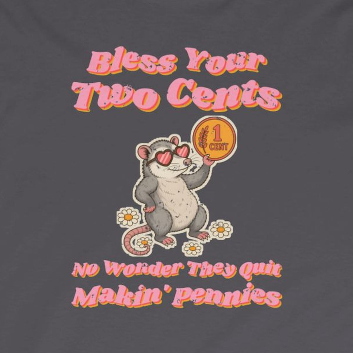 Bless Your Two Cents Possum Long Sleeve Tee – Back Porch Sass – Charcoal – front print close-up