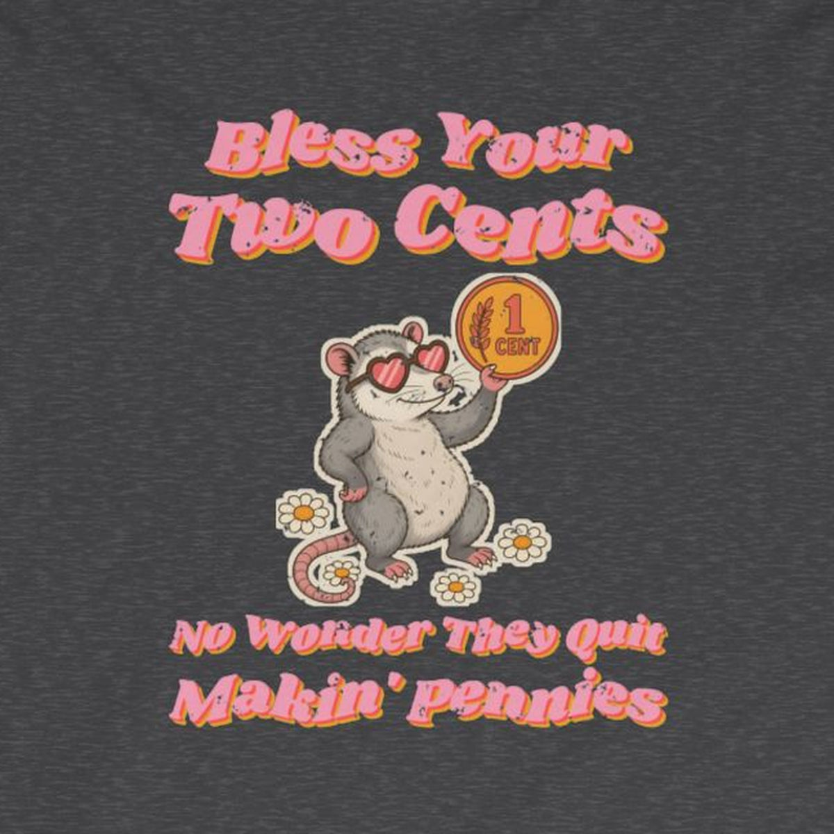 Bless Your Two Cents Possum Long Sleeve Tee – Back Porch Sass – Dark Heather – front print close-up